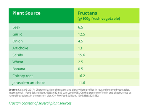 Table with fructan content of several plant sources